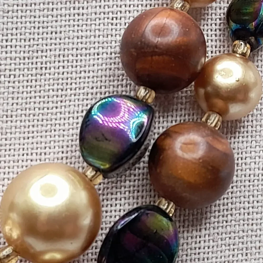 Vintage Japan Art Bead Necklace Iridescent Glass Wood Pearl Double Strand